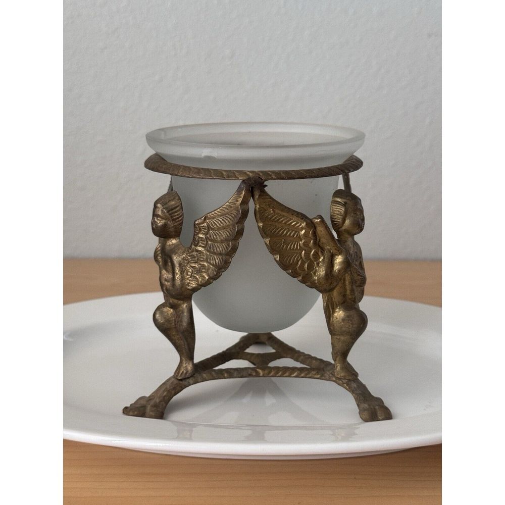 Vtg Antique Brass Cherub Angel Plant Candle Orb Stand Holder‎ Clawfoot Tripod